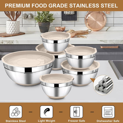 LIANYU Stainless Steel Mixing Bowls Sets of 6, Large 7, 3.5, 2.5, 2, 1.5, 1QT Size with Transparent Airtight Lids, Metal Nesting Serving Bowl Sets for Home Kitchen, Dishwasher & Freezer Safe, Black