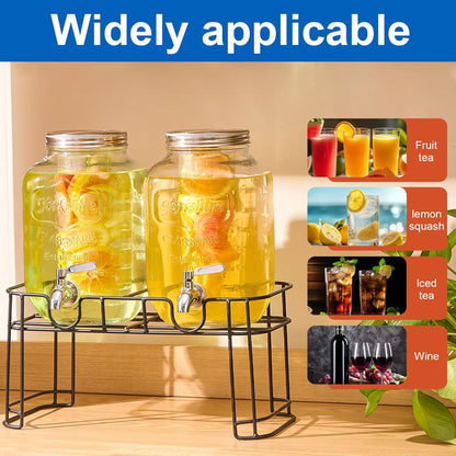 1 Gallon Glass Drink Dispensers for Parties, 2 Pack Beverage Dispenser with Stand, Fruit Infuser & Leakproof Stainless Steel Spigot, Juice Dispenser for Lemonade, Iced Tea, Sun Tea & Infused Water