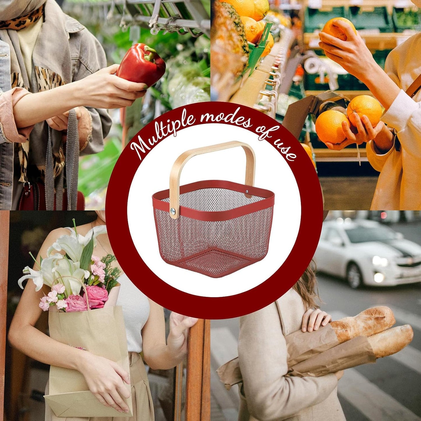 Coloful Metal Mesh Wire Basket with Foldable Wooden Handle,Bin Garden Fruit Vegetable Storage Hanging Harvest Holder for Kitchen Bathroom Picnic (Yellowish Green, Cuboid-15.7 x 9.5 x 7.2“)