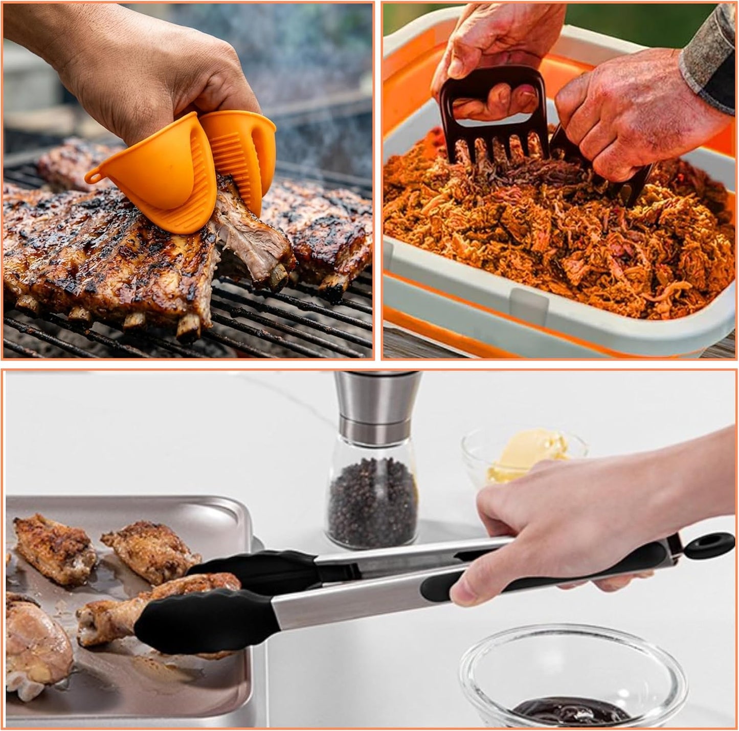 Collapsible BBQ Prep Tub 8L Black | Portable Meat Marinating Container with Locking Cutting Board Lid, BBQ Tongs, 2 Meat Shredding Claws & 2 Heat-Resistant Grill Gloves for Camping & Grilling