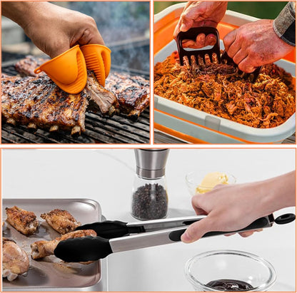Collapsible BBQ Prep Tub 8L Black | Portable Meat Marinating Container with Locking Cutting Board Lid, BBQ Tongs, 2 Meat Shredding Claws & 2 Heat-Resistant Grill Gloves for Camping & Grilling