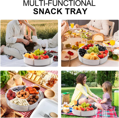 6 Compartment Snack Box Container with Lid and Handle, Divided Serving Tray with 360° Rotating Base, Snack Containers for Adults, Veggie Fruit Tray for Kitchen, Parties, Travel (cream color)