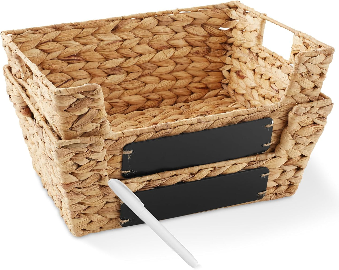 Casafield Set of 2 Water Hyacinth Pantry Baskets with Handles, Chalkboard Labels, and Marker - Espresso, Wide Woven Storage Bin Organizers for Kitchen Shelves