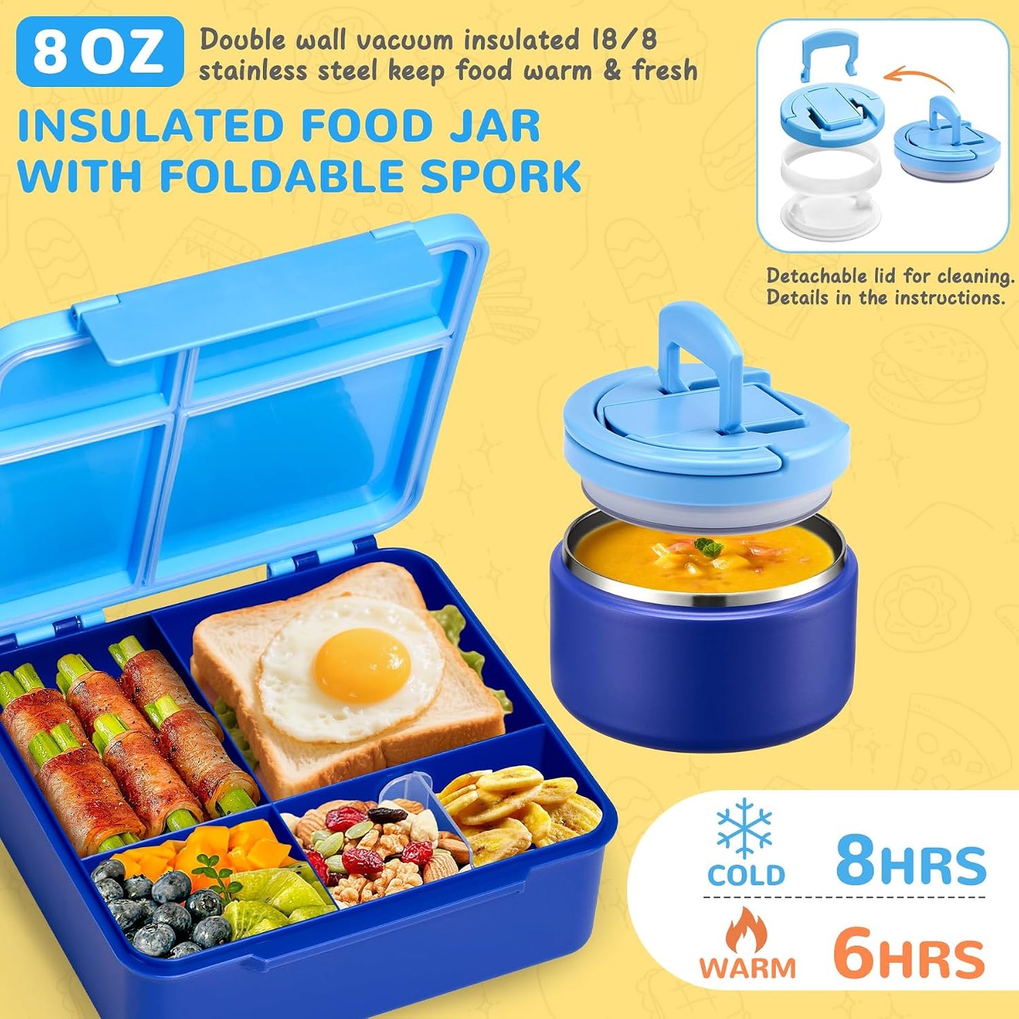 MAXSO Bento Lunch Box Set with 8 oz Soup Thermo, Kids Leakproof 4 Compartments Hot Food Container with Sauce Cup, Ice Pack and Lunch Bag, Child Insulated Food Jar for School - Black