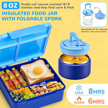 MAXSO Bento Lunch Box Set with 8 oz Soup Thermo, Kids Leakproof 4 Compartments Hot Food Container with Sauce Cup, Ice Pack and Lunch Bag, Child Insulated Food Jar for School - Black
