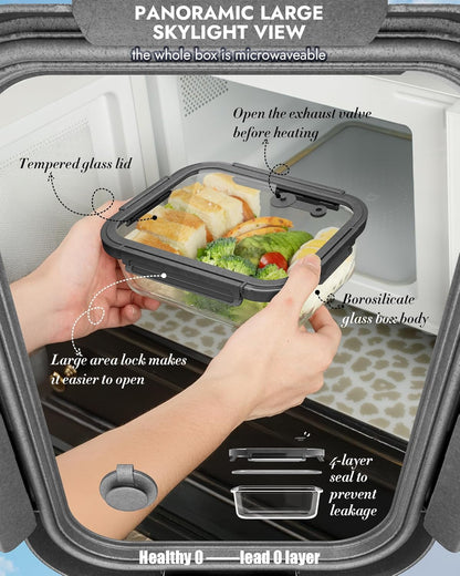 5-Pack Borosilicate Glass Containers with Tempered Glass Lids, 35.2oz/4.4 Cup Airtight Meal Prep Set, Microwave/Freezer Safe (Gray)