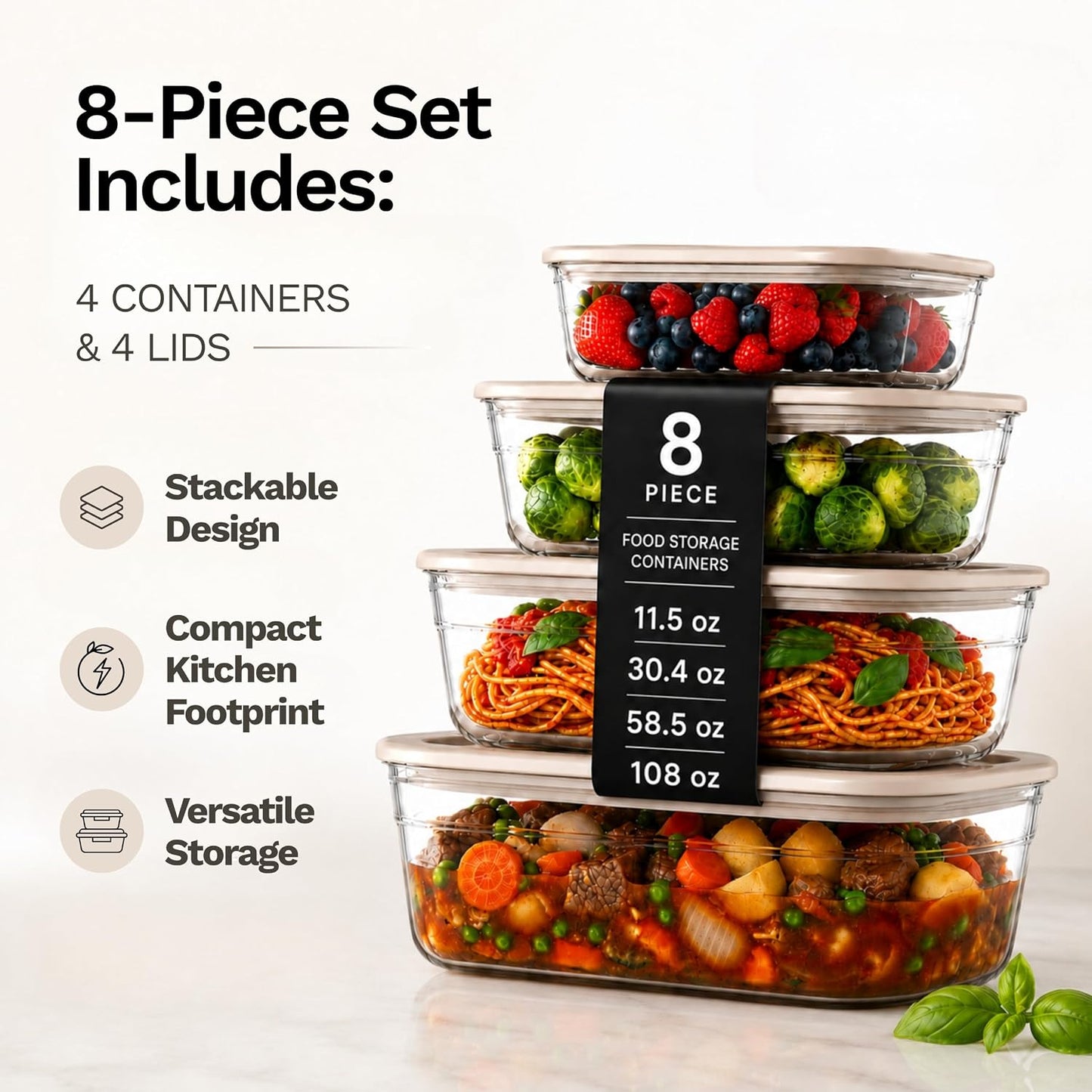 Naked Kitchen 8-Piece Food Storage Containers with Lids – Nesting Borosilicate Glass Meal Prep Containers with Leak-Proof Airtight Seal – BPA Free, Microwave, Oven, Freezer & Dishwasher Safe – Green