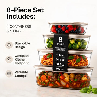 Naked Kitchen 8-Piece Food Storage Containers with Lids – Nesting Borosilicate Glass Meal Prep Containers with Leak-Proof Airtight Seal – BPA Free, Microwave, Oven, Freezer & Dishwasher Safe – Green