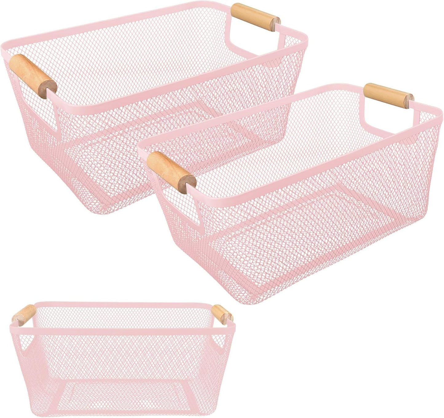2 Pack 12" Wide Metal Mesh Baskets with Bamboo Handles for Pantry Organization | Wire Storage Bins for Kitchen, Cabinet, Fruit & Snacks | Decorative Farmhouse Style Organizer