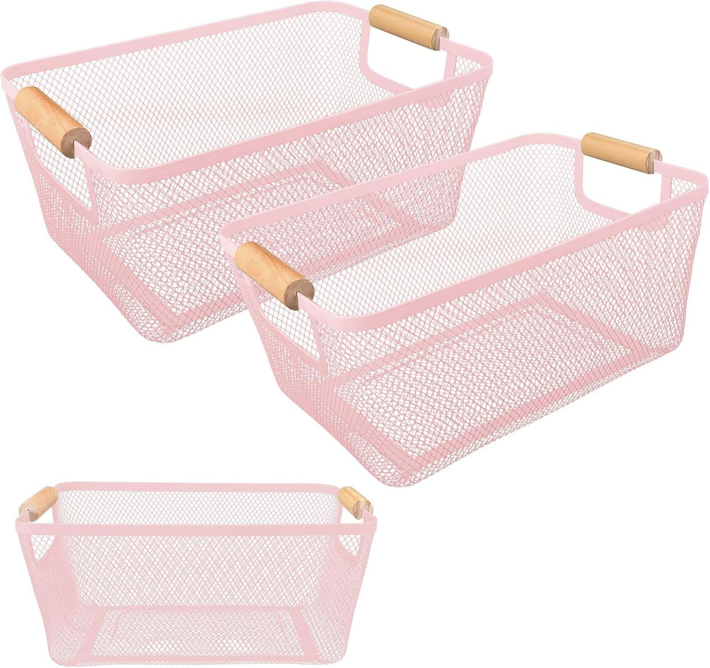 2Pack Metal Mesh Steel Basket with Bamboo Handle - Wire Metal Basket for Kitchen Organization, 12" Wide Food Organizer Bin, Perfect for Organizing Bulk Pantry (WHITE)