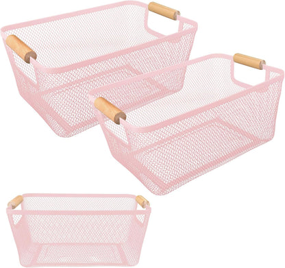 2Pack Metal Mesh Steel Basket with Bamboo Handle - Wire Metal Basket for Kitchen Organization, 12" Wide Food Organizer Bin, Perfect for Organizing Bulk Pantry (WHITE)