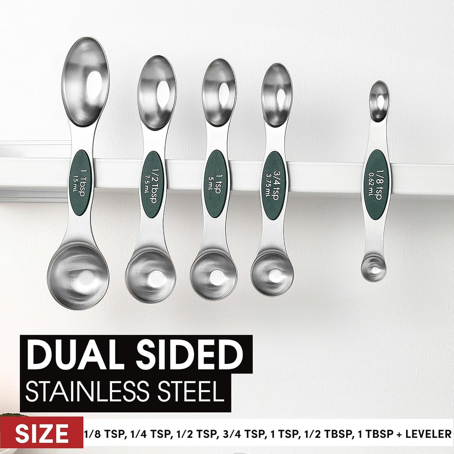 Spring Chef Stainless Steel Magnetic Measuring Spoons Set with Strong N45 Magnets, Heavy Duty Metal Kitchen Gadgets for Baking & Cooking, Fits in Most Kitchen Spice Jars, Set of 8 with Leveler, Black