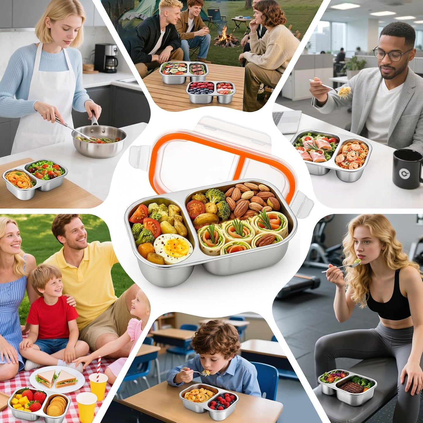 Palksky Lunch Containers Meal Prep Containers Stainless Steel, 2 Compartment Food Storage Containers with Leak-Proof Lids, Reusable Airtight Bento lunch Boxes, Kitchen Storage, Freezer (3 Packs)