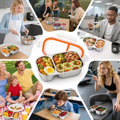 Palksky Lunch Containers Meal Prep Containers Stainless Steel, 2 Compartment Food Storage Containers with Leak-Proof Lids, Reusable Airtight Bento lunch Boxes, Kitchen Storage, Freezer (3 Packs)