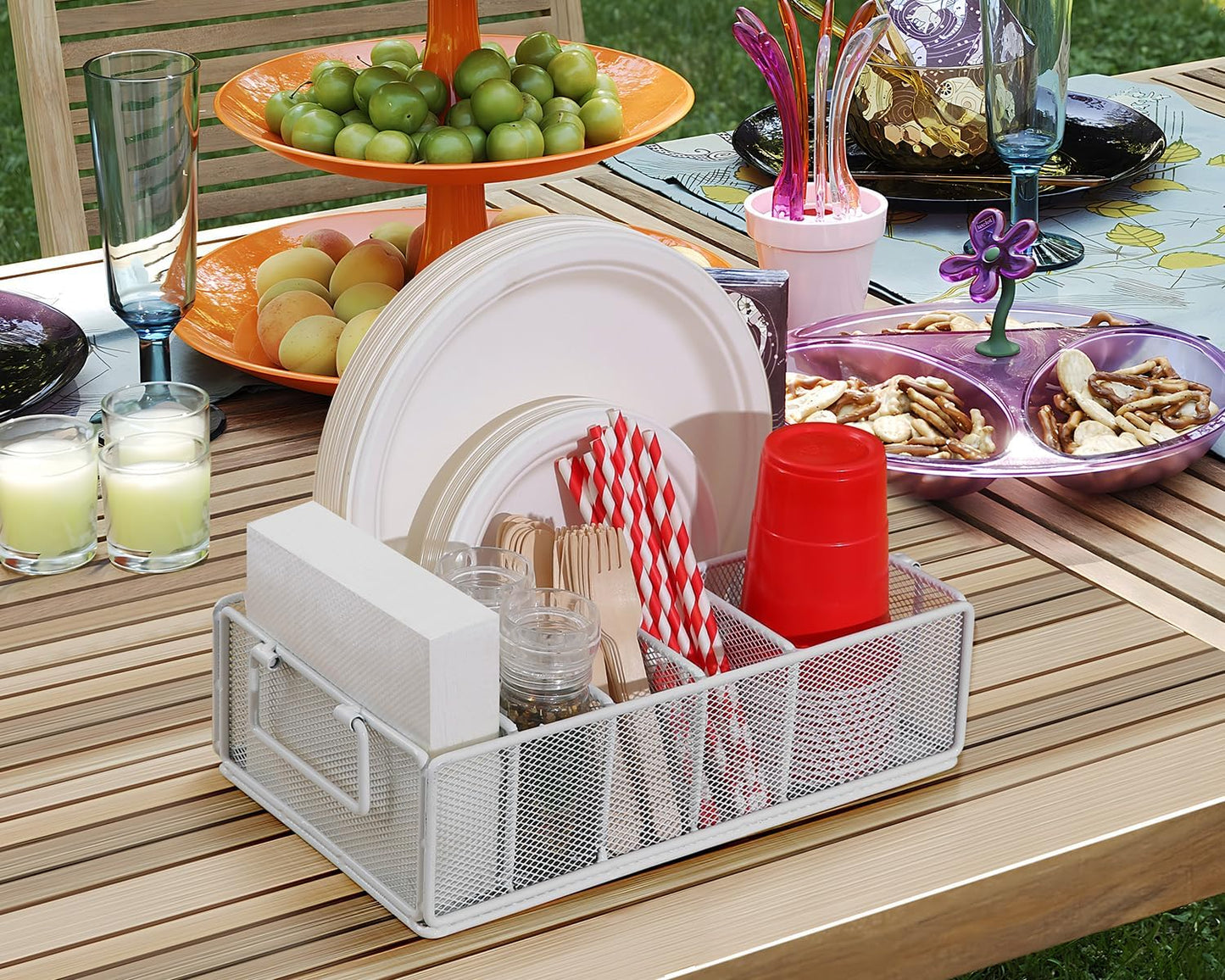 Paper Plate Dispenser with Handle, Metal Paper Plate Holders for Kitchen Counter, Utensil Holder Organizer with 6 Compartments, Silverware Holder Caddy for Cup Fork Spoon Napkin Party Camping