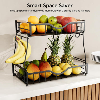 3 Tier Fruit Basket for Kitchen Countertop with 2 Banana Hangers,Detachable Metal Fruit Bowl with Wooden Handles and Protective Pads,Large Capacity Fruit and Vegetable Basket Organizer,Black