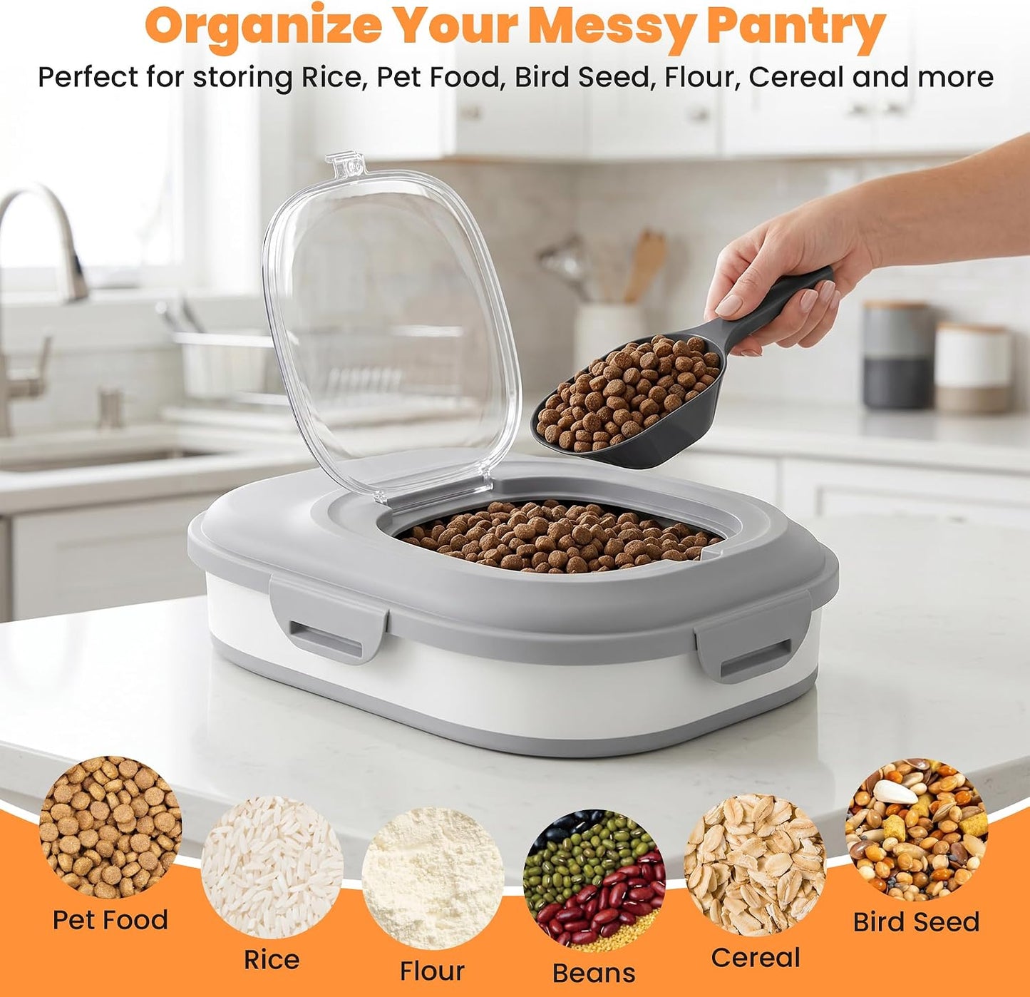 40 Lbs Dog Food Storage Container with Wheels, Collapsible Pet Food Storage Container with Clear Window, 2 Measuring Cups and Scoop, BPA Free Cat Food Container for Rice, Flour, Grain, Bird Seed