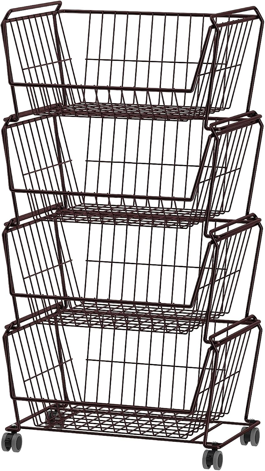 PUSDON 4-Tier Spacious Stackable Wire Storage Baskets with Wheels, Metal Rolling Utility Cart Organizer, Fruit and Vegetable Produce Basket for Kitchen Pantry, Everyday Bathroom Shelf, Silver Grey
