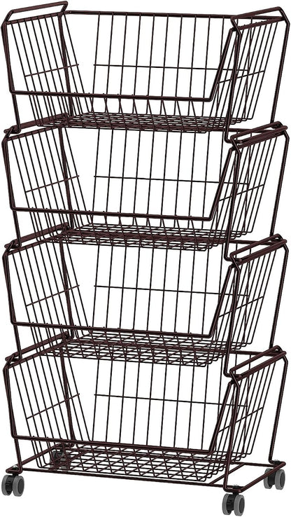PUSDON 4-Tier Spacious Stackable Wire Storage Baskets with Wheels, Metal Rolling Utility Cart Organizer, Fruit and Vegetable Produce Basket for Kitchen Pantry, Everyday Bathroom Shelf, Silver Grey