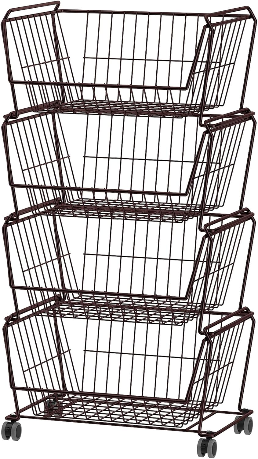 PUSDON 4-Tier Spacious Stackable Wire Storage Baskets with Wheels, Metal Rolling Utility Cart Organizer, Fruit and Vegetable Produce Basket for Kitchen Pantry, Everyday Bathroom Shelf, Silver Grey