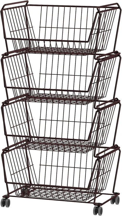PUSDON 4-Tier Spacious Stackable Wire Storage Baskets with Wheels, Metal Rolling Utility Cart Organizer, Fruit and Vegetable Produce Basket for Kitchen Pantry, Everyday Bathroom Shelf, Silver Grey