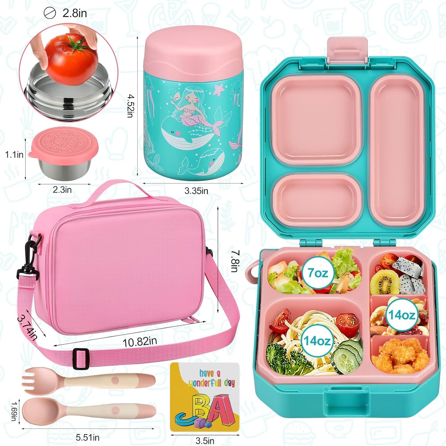 wiwens Bento Lunch Box for Kids with 12oz Soup Thermo Leak-Proof Lunch Food Container with 5 Compartment Thermo Hot Food Jar and Insulated Lunch Bag for Kid Toddler Girls Boys to School