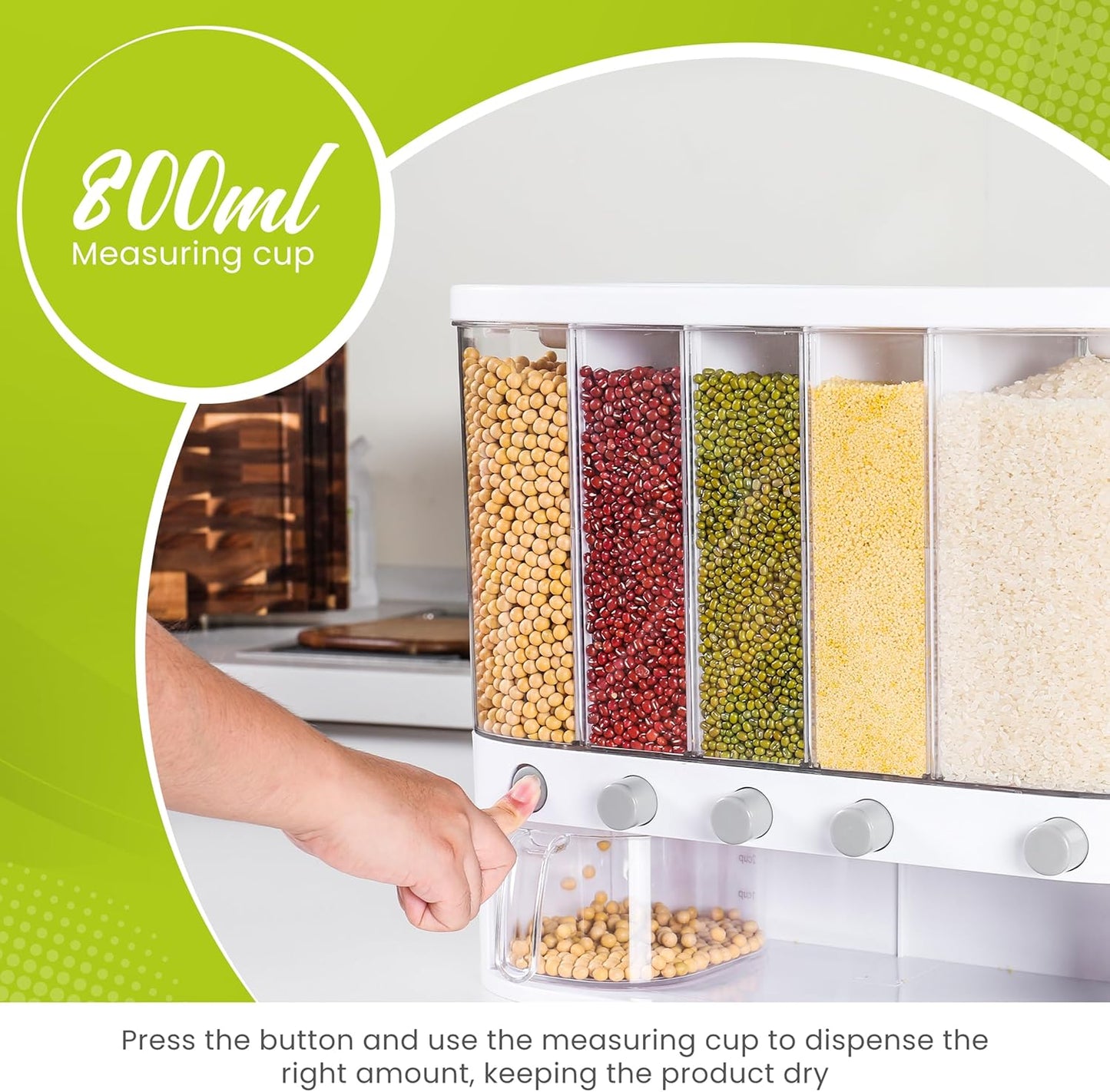 Wall Mounted Dry Food Dispenser with Individual Containers and Removable Walls for Rice, Beans, small grains, Lentils for Pantry and Kitchen Storage with Measuring Cup – 5 Grids