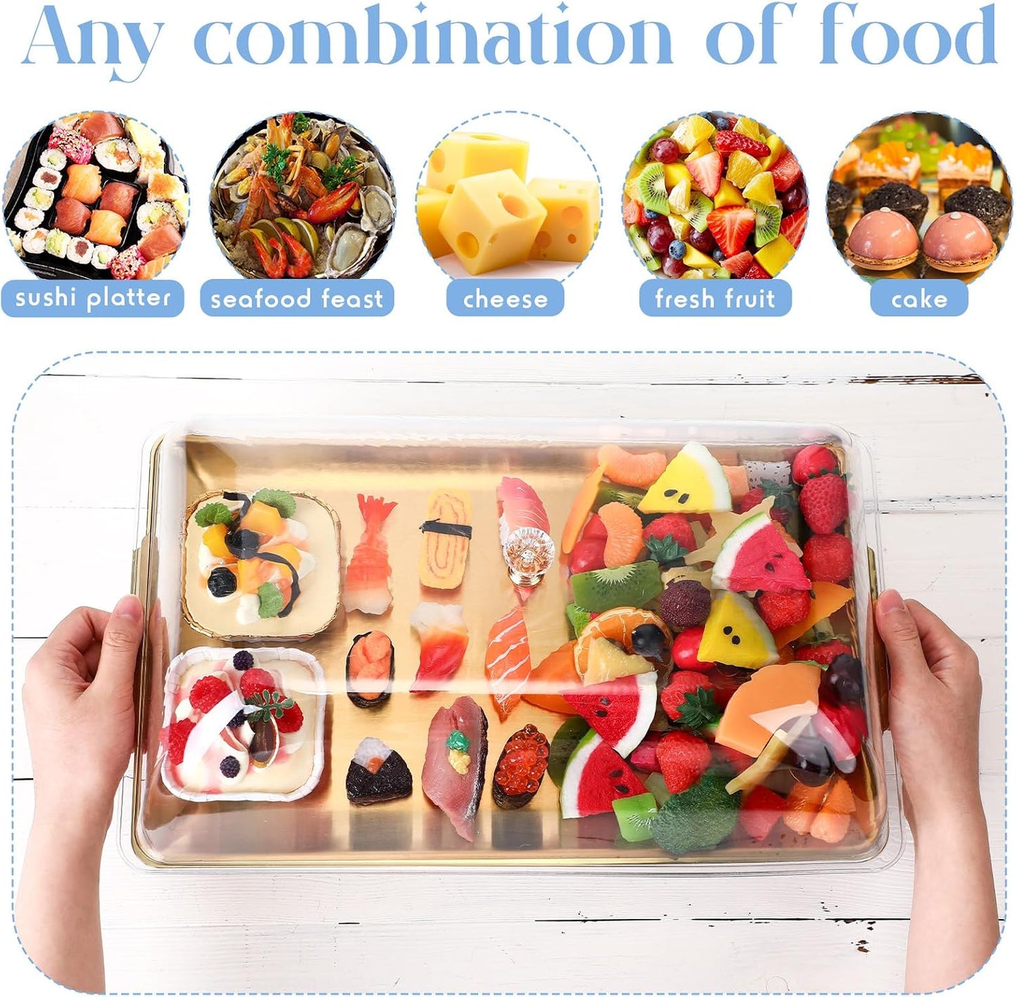 Baderke 1 Set 16" x 9" Chilled Serving Tray for Parties with Compartments and Lid Charcuterie Serving Board Ice Rectangle Chilled Party Platter for Seafood Vegetable Fruit Shrimp Cocktail (Silver)