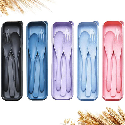 Reusable Travel Utensils Set with Case, 2 Sets Wheat Straw Portable Plastic Fork Spoons Knife Cutlery, Camping Eco-Friendly BPA Free Tableware for Kids Adults Work Picnic or Daily Use (Pink)