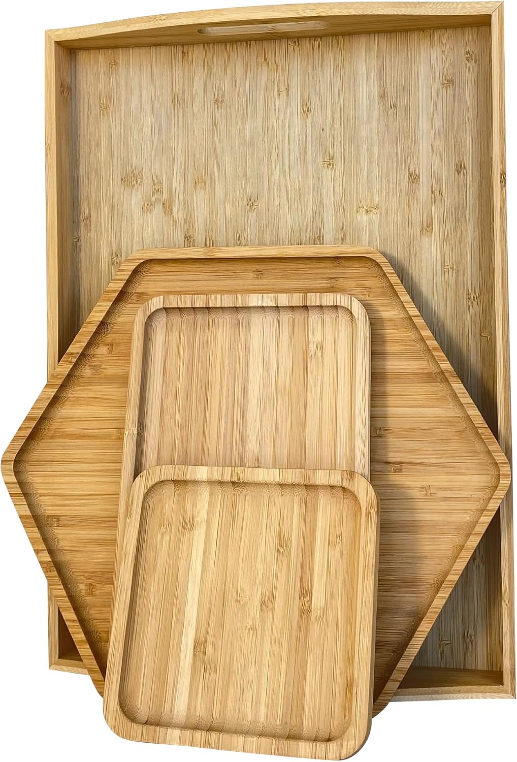 Bamboo Serving Trays Charcuterie Platter 16.5"x11.8"（42x30cm with Handle, Set Includes 1xHexagon 12.5"(32cm)+1xSquare 7.8"(20cm)+1xSquare 5.9"(15cm) Small Plates for Family Dinner