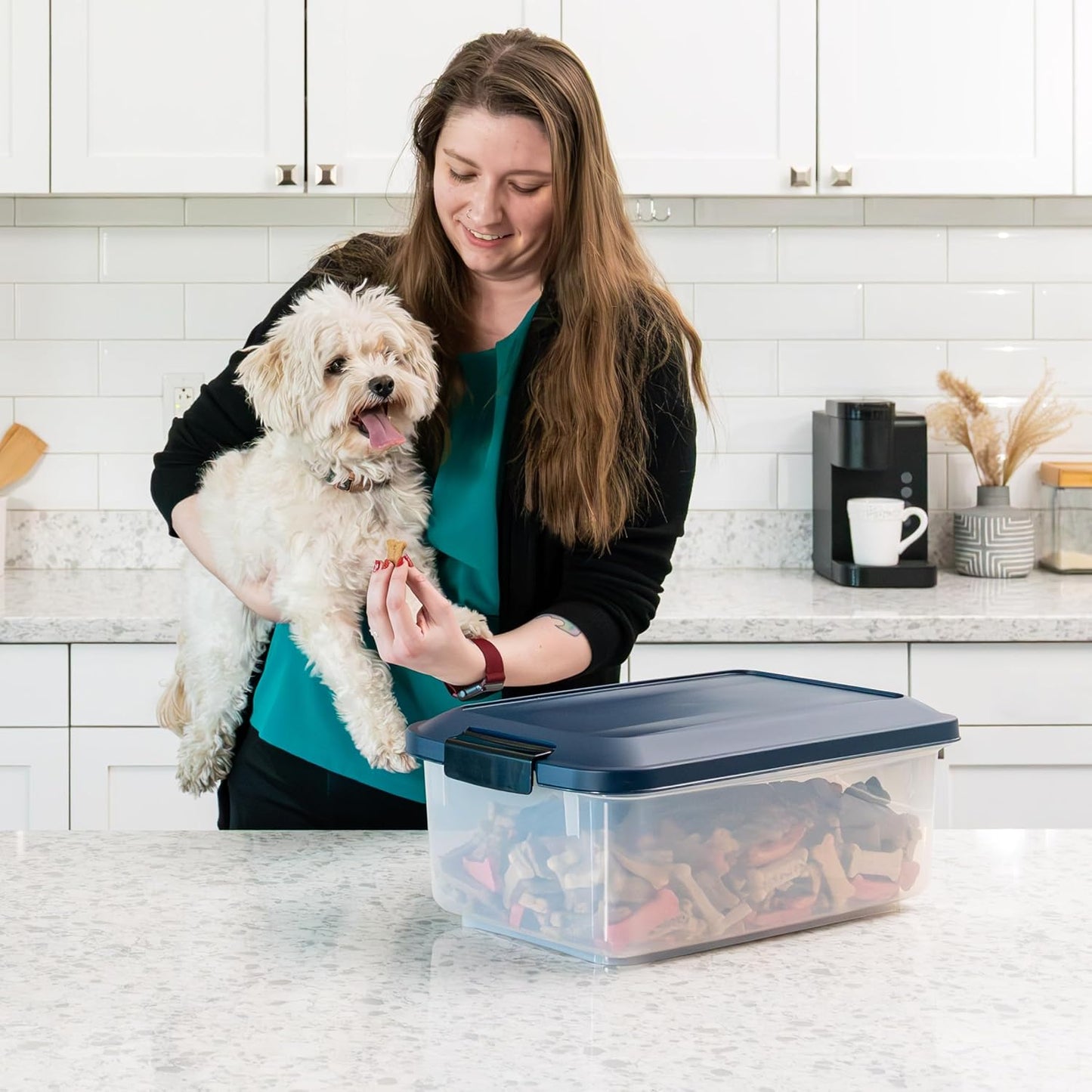 IRIS USA Dog Food Storage Container, 2 Pack, Up to 30 lbs Each, Airtight Seal for Freshness, Wheels for Rolling, Easy One Hand Opening, Made in USA, BPA Free, Clear/Black
