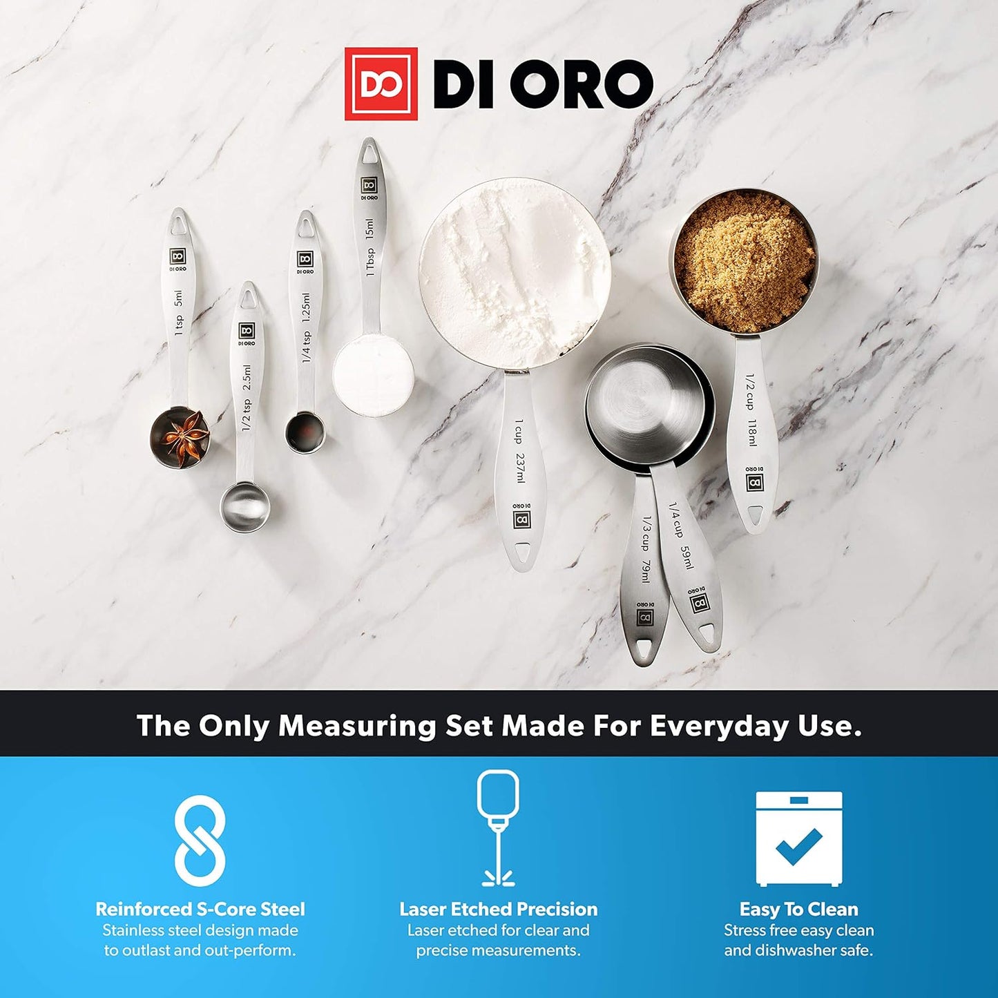 DI ORO Stainless Steel Measuring Cups & Spoons Set - 8-Piece Kitchen Set for Cooking & Baking - Food Grade Metal, Liquid Measuring, Dishwasher Safe