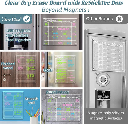 Clear Non-Magnetic Meal Planner Set for Fridge - Dry Erase Transparent Menu and List Board - Sticks to Wall, Glass, Door, Any Smooth Surfaces