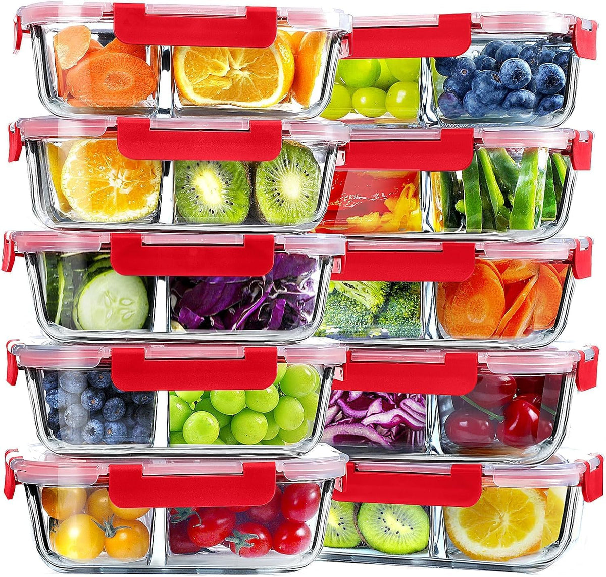 VERONES 10 Pack Glass Meal Prep Containers 2 Compartment Set, 30 OZ Airtight Glass Lunch Containers, Glass Food Storage Containers with Lids, for Microwave, Oven, Freezer & Dishwasher Friendly，Grey