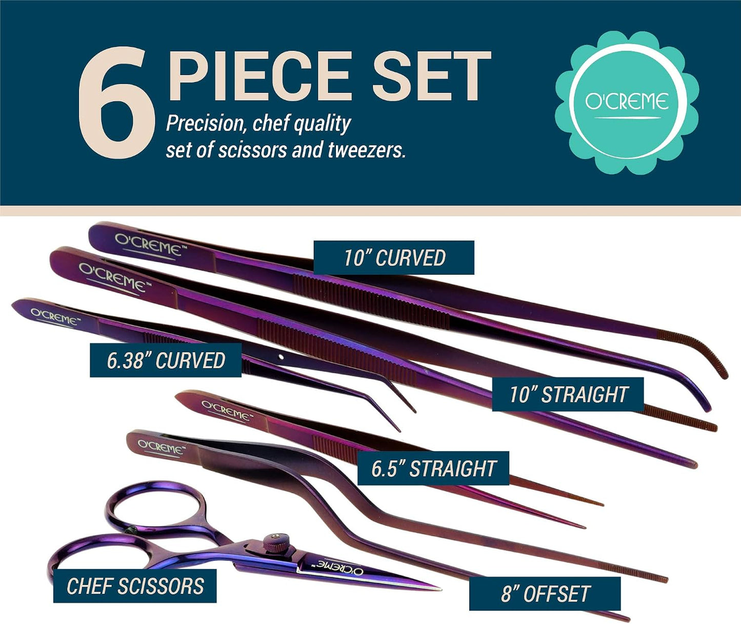 O'Creme Set of Culinary Tweezer Tongs Offset, Straight and Curved, Plus Super Sharp Chef Scissors, Total 6 Pieces (Rose Gold)