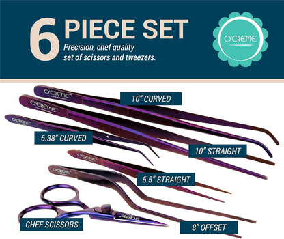 O'Creme Set of Culinary Tweezer Tongs Offset, Straight and Curved, Plus Super Sharp Chef Scissors, Total 6 Pieces (Rose Gold)