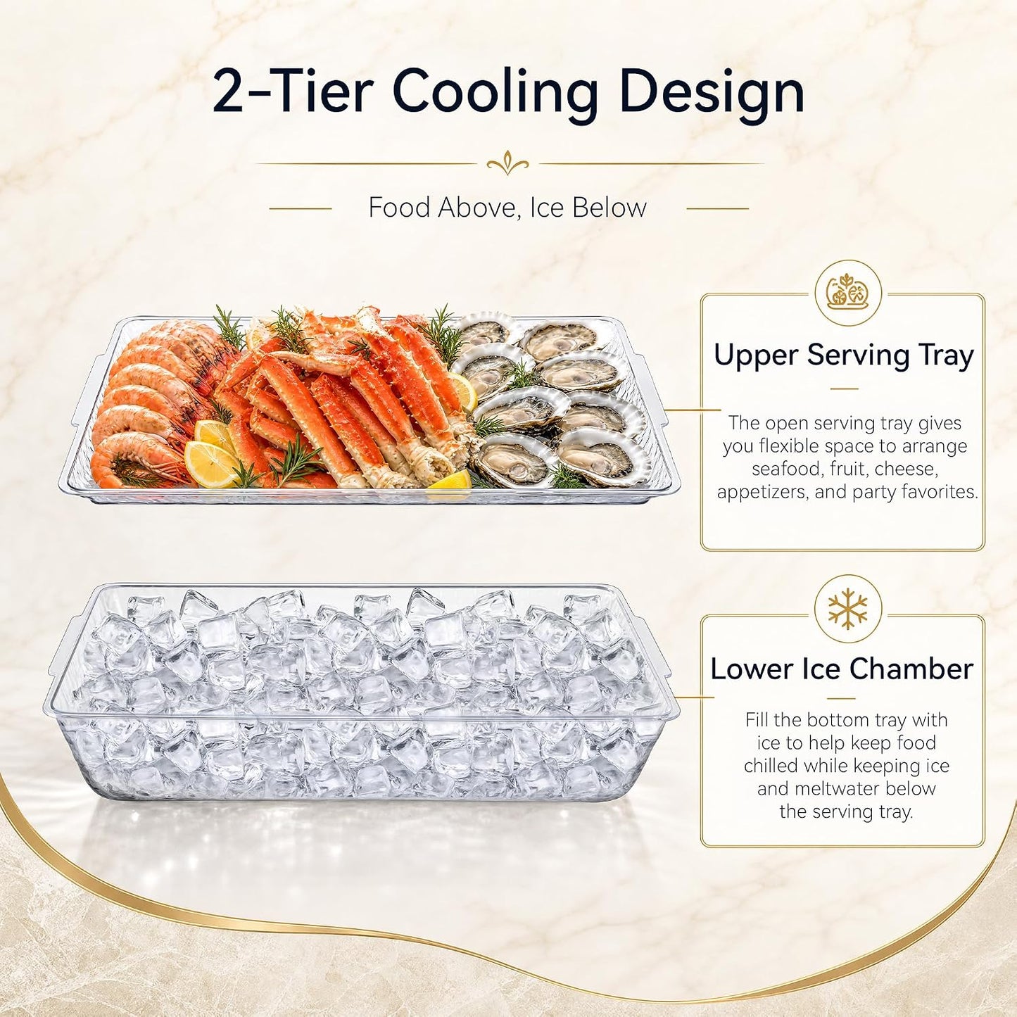 2 Pack Chilled Serving Tray with Ice Chamber, Clear PET Appetizer Platter Set with Stainless Steel Tongs, Fruit Forks & Ice Scoop, Cold Food Tray for Seafood, Fruit, BBQ & Pool Parties