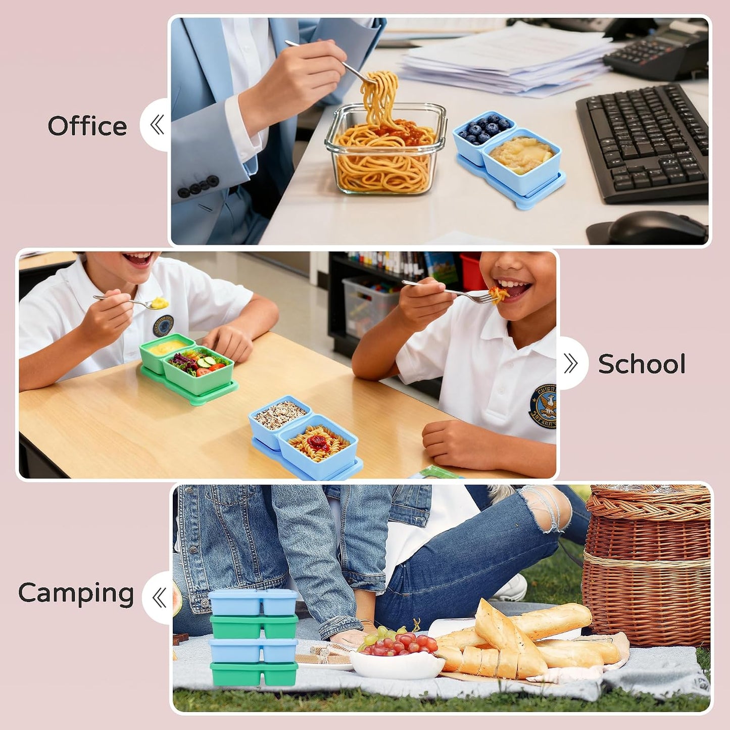 MACTANO 4 Pack New Reusable Silicone Snack Containers with Lids, 10 oz Double Compartment Condiment Meal Prep Control Containers Portable Small Leakproof for Office Travel Picnic