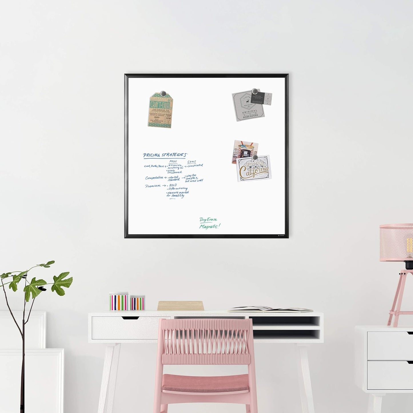 U Brands Framed Magnetic Weekly Calendar Dry Erase White Board, Office Supplies, Black Frame, with Marker, Magnet, 11” x 18”