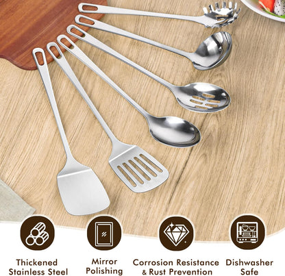 4 Pcs Cooking Utensils Set, Stainless Steel Kitchen Utensils, Heat Resistant Metal Kitchen Tools Include Solid & Slotted Turner Wok Spatula, Serving Spoon, Ergonomic Handle, Easy to Clean, Silver
