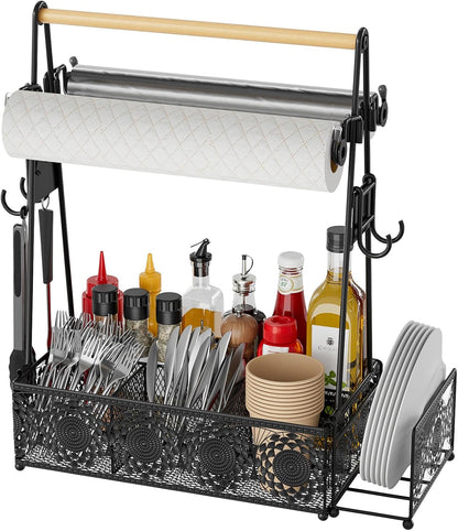 EKNITEY Outdoor Grill Caddy Organizer: Camping Kitchen Accessories Rack With Paper Towel - Utensil Condiment Storage For Patio Camper BBQ Party RV