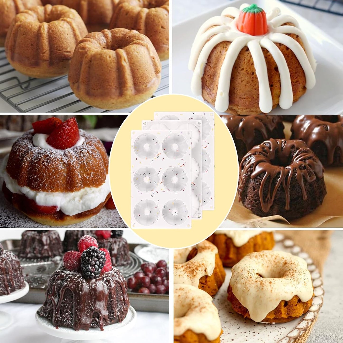 HUAKENER 2 Pcs Mini Fluted Cake Pan, 6-Cavity Fluted Cake Mold, Non-stick Silicone Baking Mold for Cupcakes, Donuts, Cornbread, Brownies, Jellies