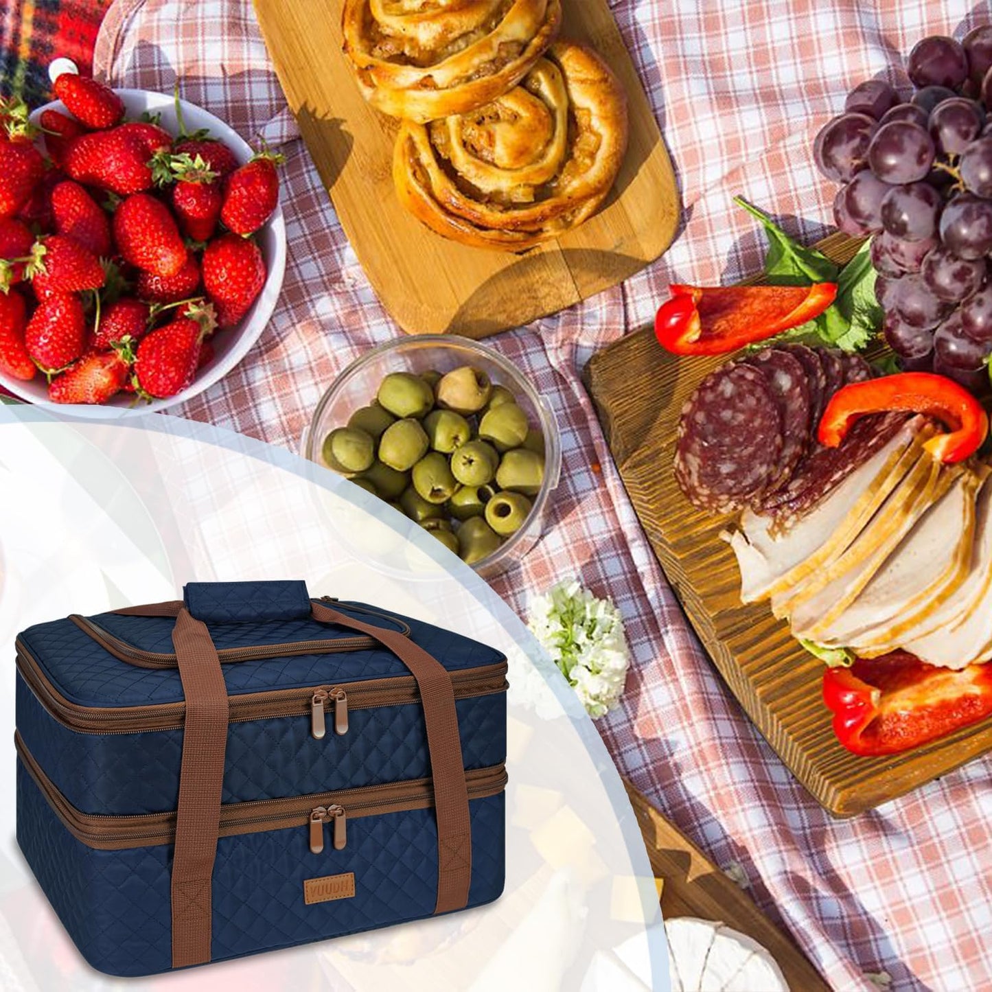 Quilted Double Decker Casserole Carrier - Expandable Dish Carrying Case for Hot or Cold Food, Lasagna Holder for Potluck Parties, Picnic, Beach, Fits 9"×13" Baking Dish (Black)