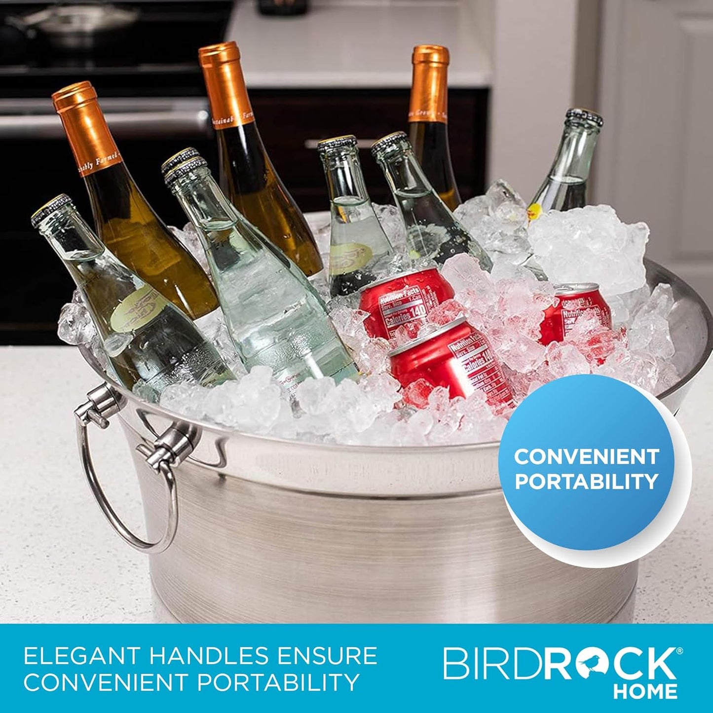 BIRDROCK HOME Double Wall Beverage Tub - Stainless Steel Ice Bucket, Metal Drink Cooler with Handles, for Parties & Events, Decorative Beverage Chiller - Large