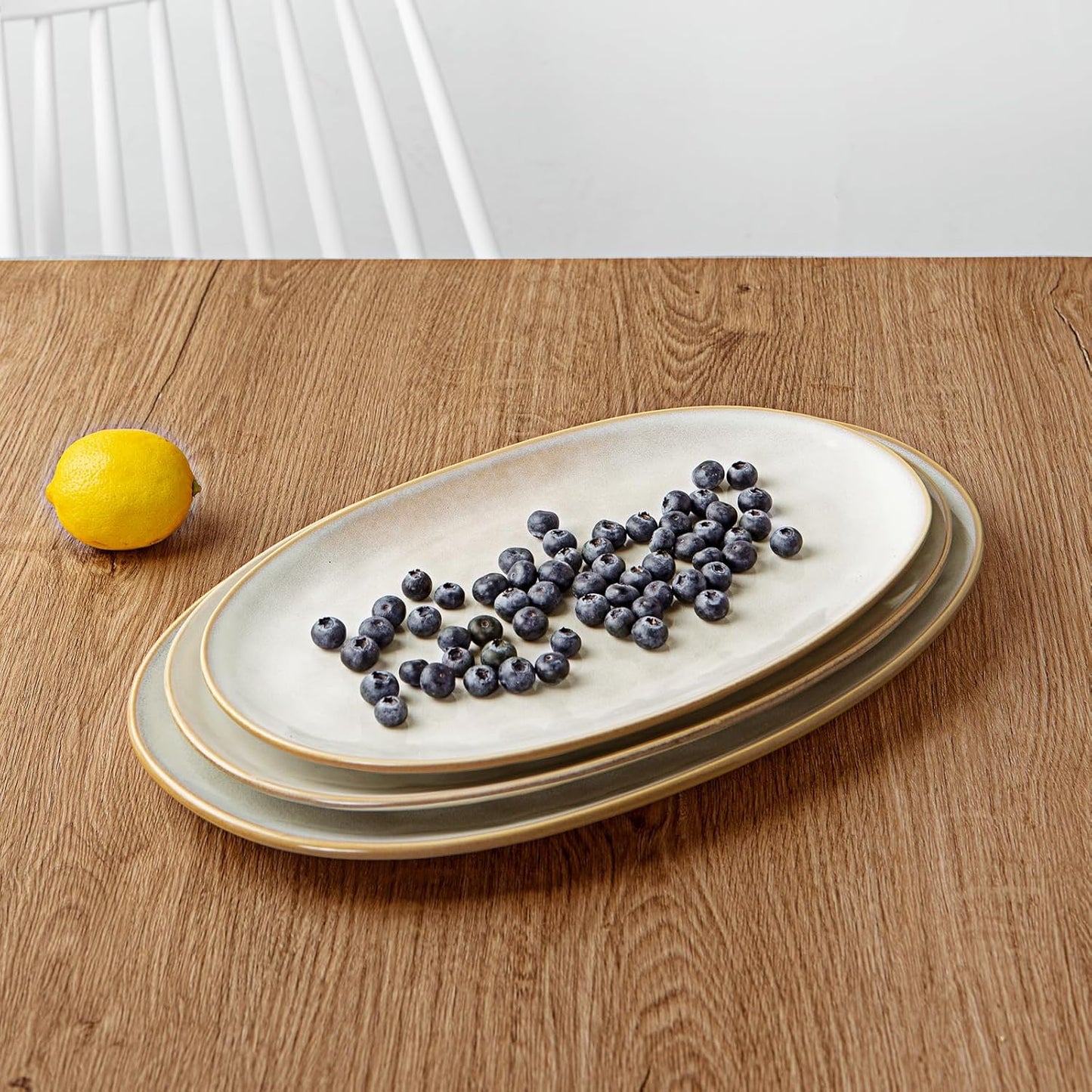 famiware Serving Platter, Oval 15.59/14.3/12.9inch Serving Dishes for Entertaining, Serving Bowls, Microwave Safe, Stoneware Serving Trays for Party, Food, Turkey, Cheese, Ocean Series, Vanilla White