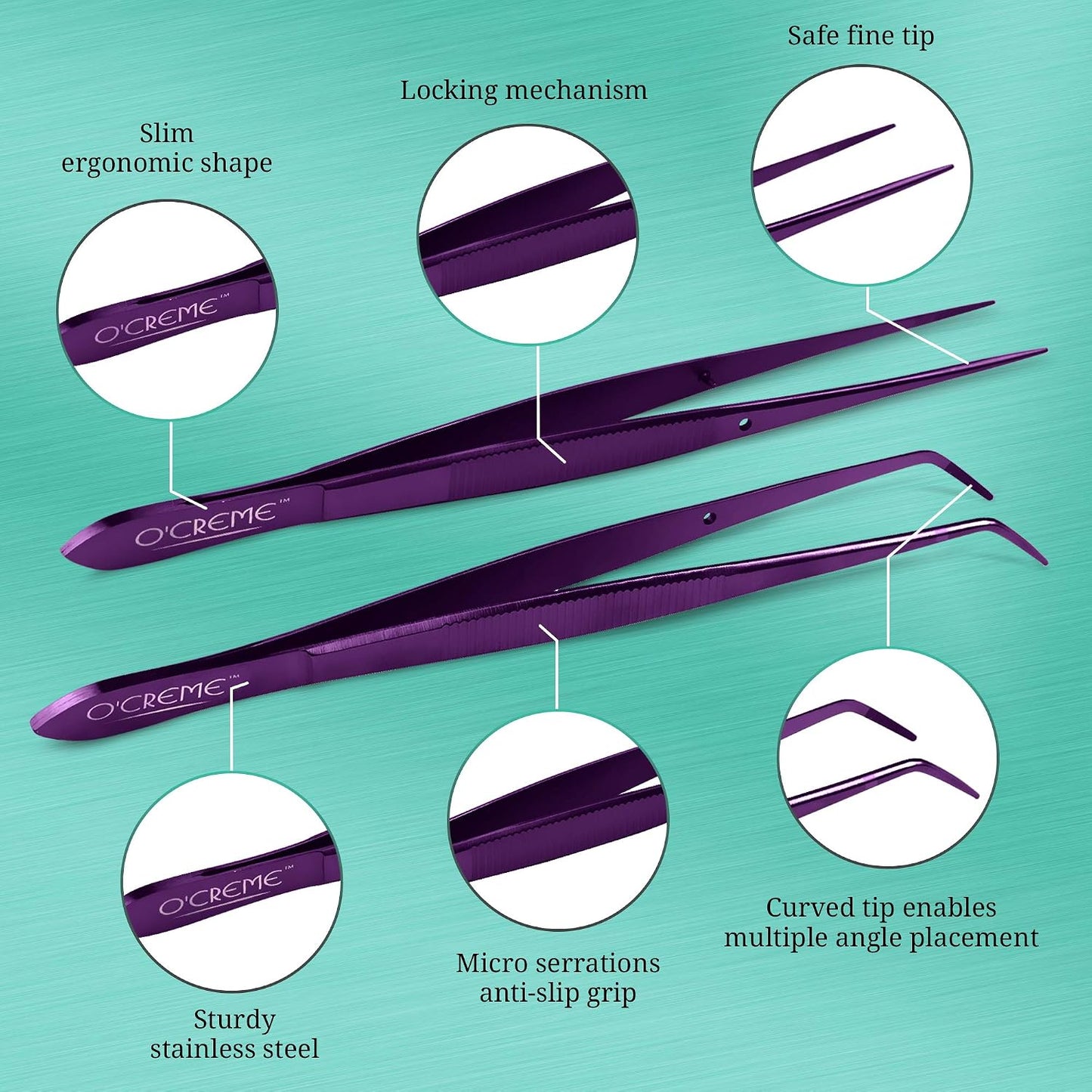 O'Creme Stainless Steel Precision Kitchen Tweezer Tongs 6.25" with Fine Tip (Purple)