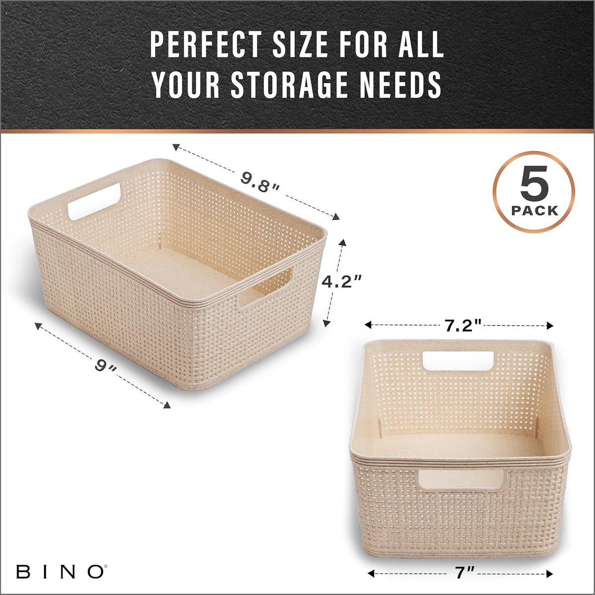 BINO Woven Plastic Basket | Large (Natural), 3-Pack | THE JUTE COLLECTION | Home Organization, Space-Saving Storage, Stylish Design | Plastic Storage Basket