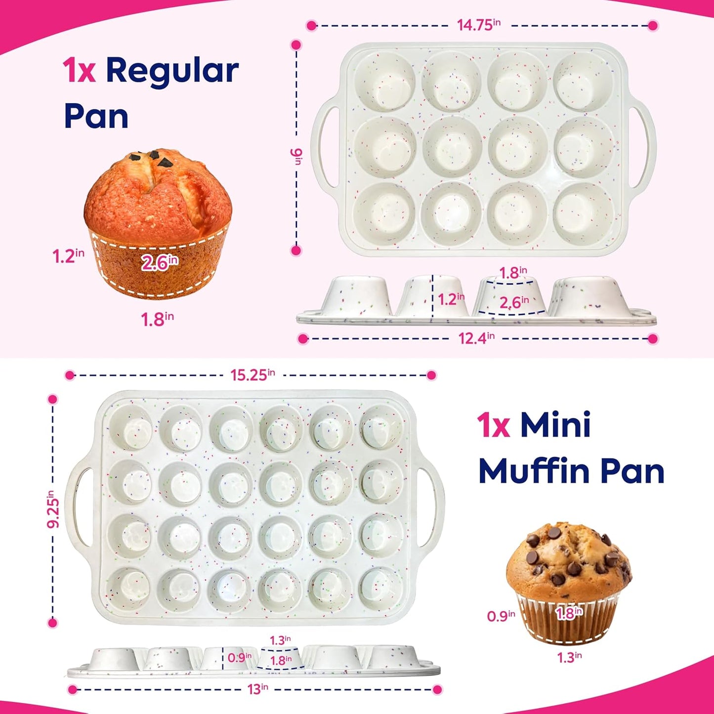 RICCLE 2 Pack Silicone Muffin Pans for Baking with Metal Reinforced Frame - Regular 12 Cup Silicone Muffin Pan & 24 Cup Mini Cupcake Pans - Silicone Cupcake Pan Set - Oven & Dishwasher Safe, BPA-Free