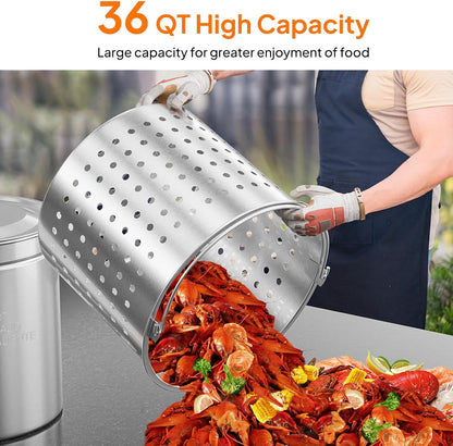 Bonnlo 30QT Aluminum Stock Pot for Boiling Seafood, Crawfish & Crab, Frying Turkey & Steaming Tamales, Large Boil Pot with Strainer Basket, Lid, Lifting Hook & Steamer Rack for Outdoor Cooking
