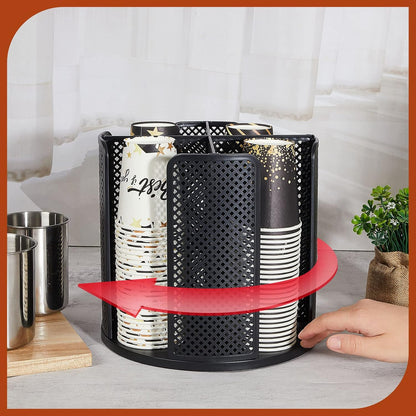 Hoolerry 2 Pcs Cup and Lid Organizer, 360° Rotatable Coffee Cup Holder for Disposable Plastic and Paper of 5 to 16 oz, Dispenser with 4 Compartments for Countertop Coffee Station Office Bar(Black)